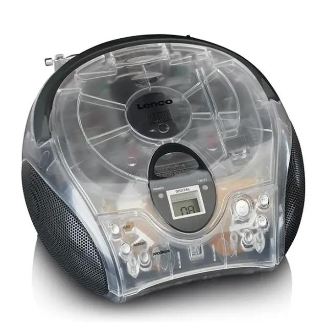 Φορητό ραδιόφωνο με CD και οθόνη LCD, σε διαφανές/μαύρο χρώμα.