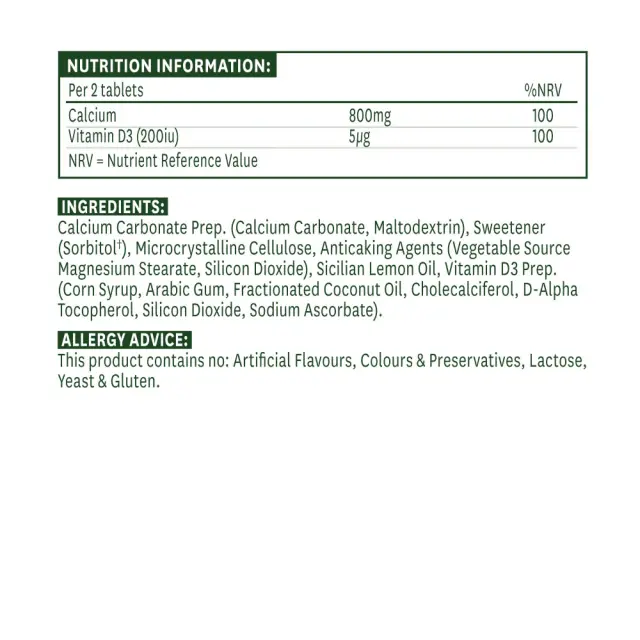 Natures Aid Chewable Calcium 400 mg + Vitamin D 2