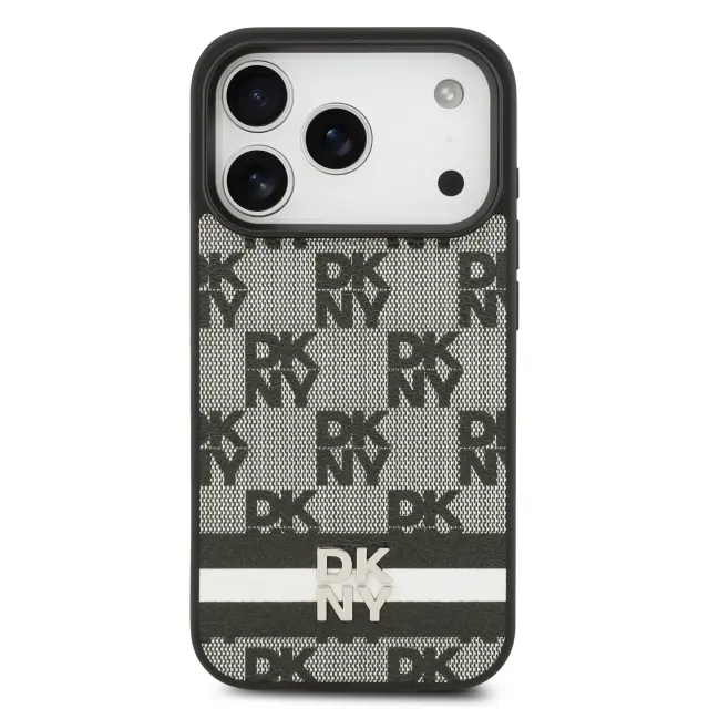 DKNY PU Leather Checkered Pattern and Stripe Case for iPhone 17 Pro Black 3