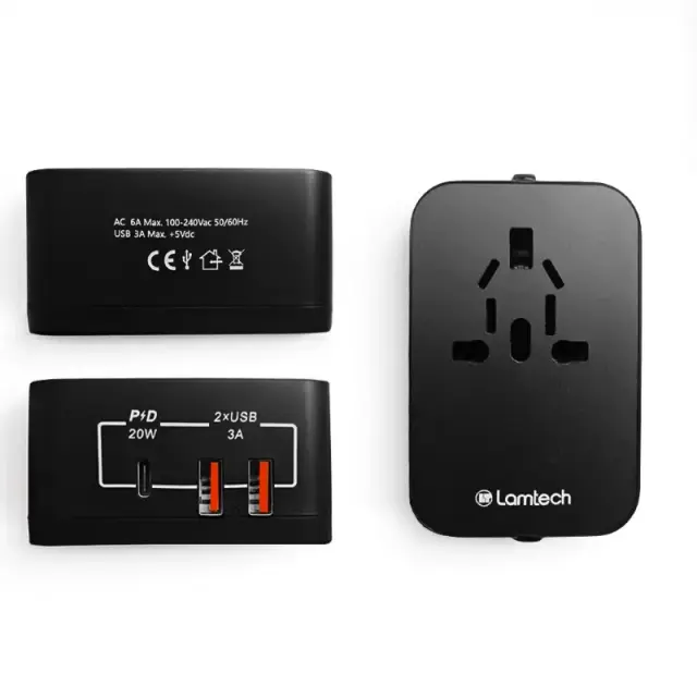 Lamtech LAM112808 Universal Power Travel Adapter - 2x USB-A, 1x USB-C, 20W - Black 3