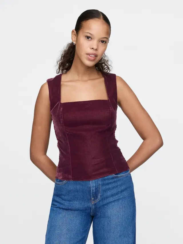 Κόκκινο Ανακυκλωμένο Βελούδινο Square-Neck Cropped Τοπ noir red