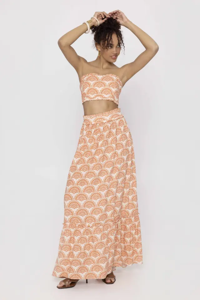 Strapless Τοπ από Τυπωμένο Λινό με Βολάν και Δέσιμο στην Πλάτη SUKI - XS 3