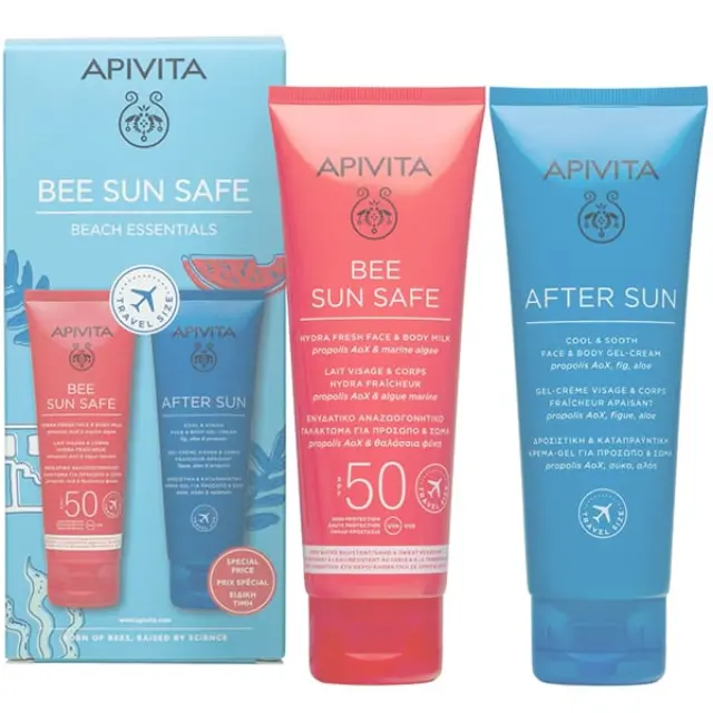 Apivita | Promo Bee Sun Safe Beach Essentials Ενυδατικό Αναζωογονητικό Γαλάκτωμα για Πρόσωπο & Σώμα SPF50, 100ml & After Sun Cool & Sooth για Πρόσωπο & Σώμα, 100ml | 1σετ