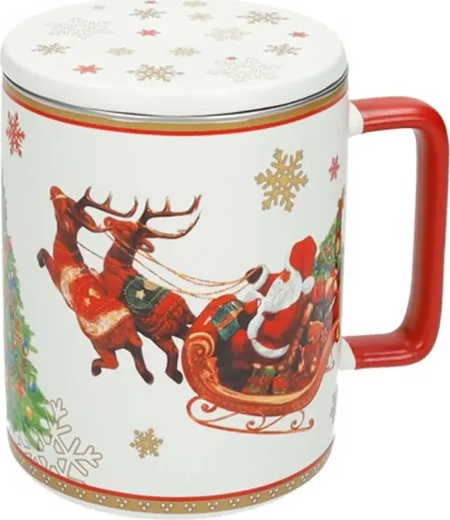 Christmas Porcelain Mug With Lid & Stainless Strainer Κούπα Με Καπάκι & Σουρωτήρι Ανοξείδωτο
