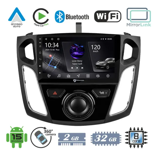 VenCore Οθόνη Multimedia Android 15 9" PX5S Octa-Core 2GB/32GB IPS με Πρόσοψη, CarPlay, Android Auto και Υποστήριξη Κάμερας 360° για Ford Focus 2012-2018 – Μαύρη (3236-10005-0044B)