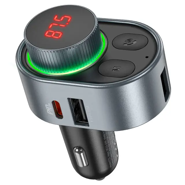 Hoco FM Transmitter Αυτοκινήτου με δυνατότητα σύνδεσης Bluetooth και USB Γκρί E72