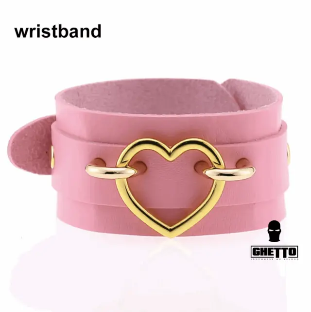 Ghetto Punk Pink Leather Gold Heart Gothic Wristband 2