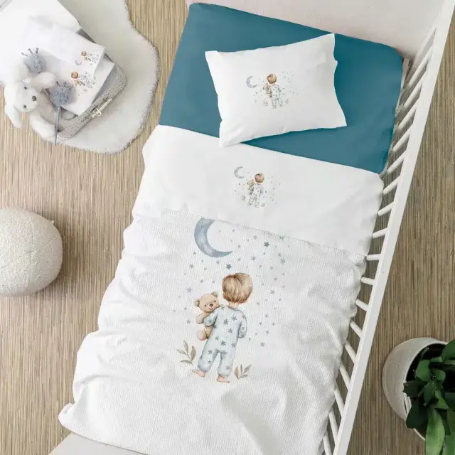 Κουβέρτα Πικέ Κούνιας Goodnight Λευκό-Πετρόλ 110 x 140 cm Λευκό-Πετρόλ 110 x 140 cm