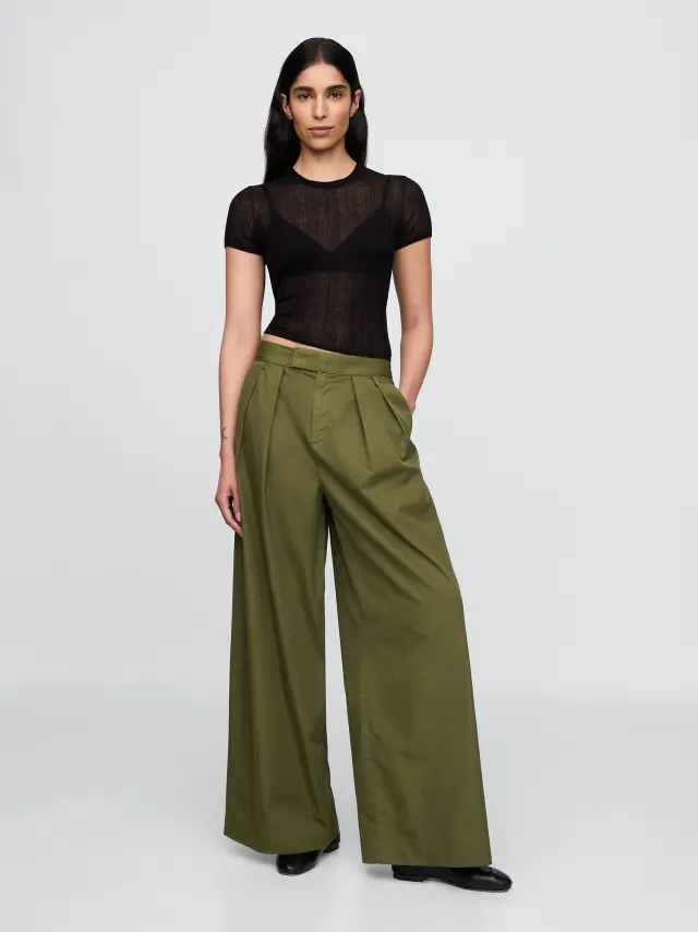 Χακί High Rise Τουίλ Pleated Wide-Leg Khakis Παντελόνι Dark olive green - 0