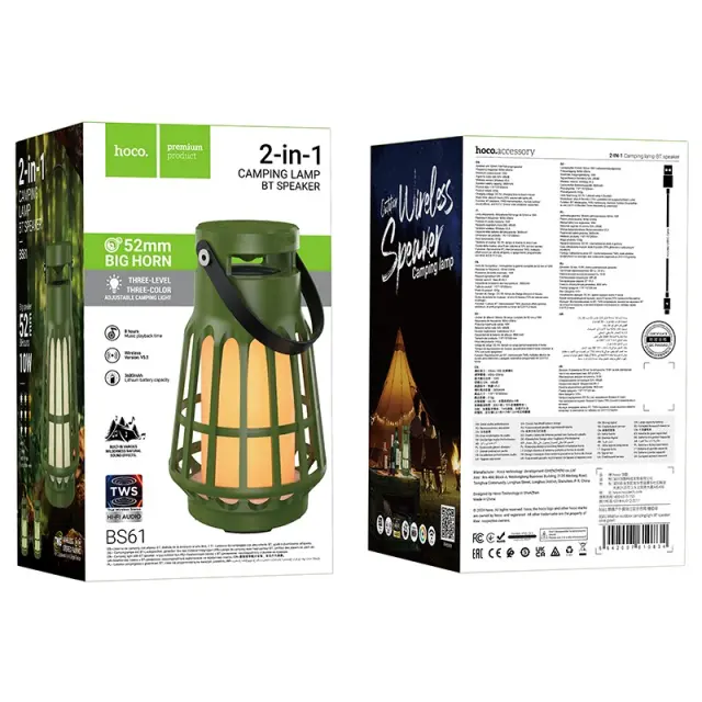 Bluetooth Φορητό Ηχείο Hoco BS61 Camping Lamp V5.3 8h TWS 10W 3600mAh με Micro SD FM USB και Outdoor Sound Effects Πράσινο 2