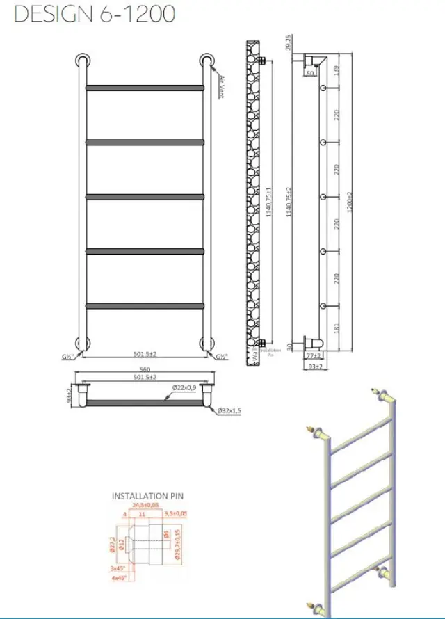Θερμαντικό σώμα μπάνιου Black Matt DESIGN 6 1200 KARAG 9,3x56x120cm 2