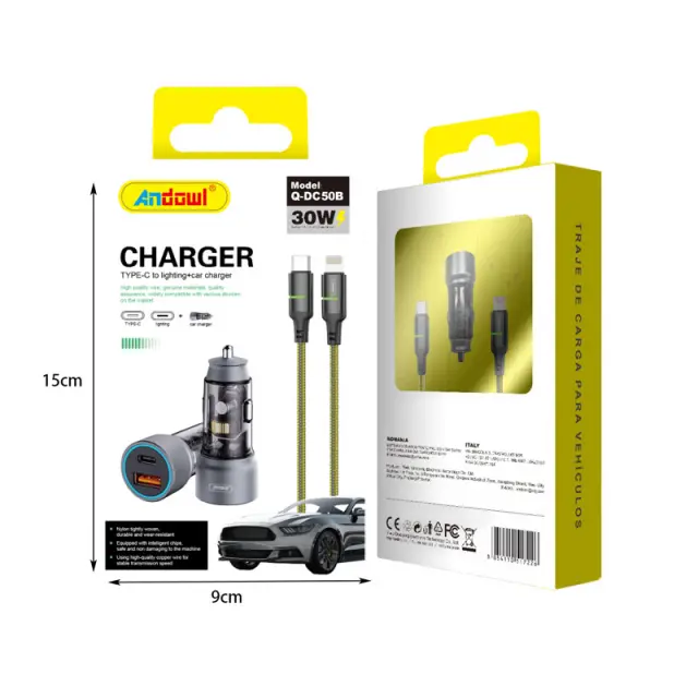 Andowl Q-DC50B Φορτιστής Αυτοκινήτου 30W με Θύρες: 1xUSB 1xType-C μαζί με Καλώδιο Type-C Q-DC50B 2