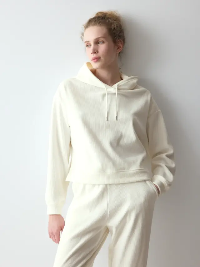 Triumph Βελούδινο Rib Hoodie Φόρμας Ιβουάρ