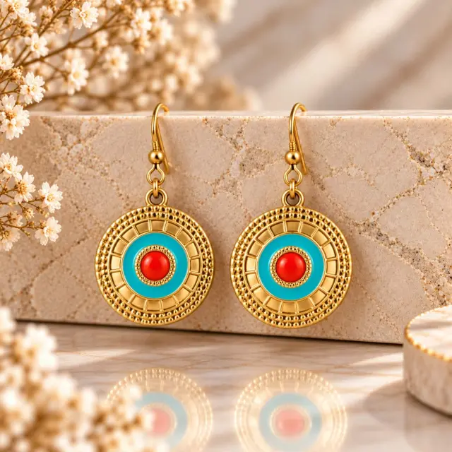 Handmade Turquoise & Coral Colour Enamel Stainless Steel Earrings