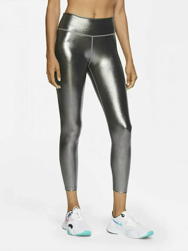 Nike Dri-Fit One Icon Clash Training Γυναικείο Cropped Κολάν Γυαλιστερό CU6030-010 Ασημί - M