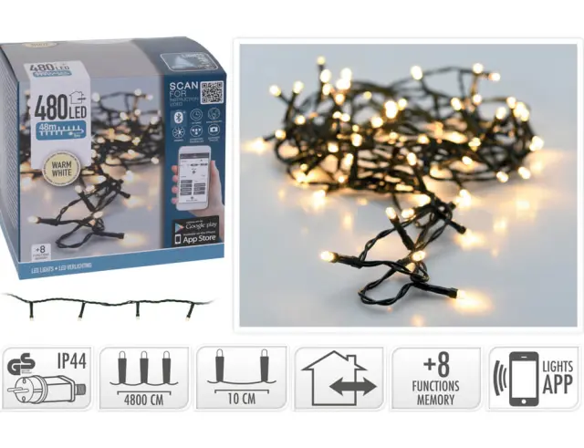 480 Φωτάκια LED - 48 Μέτρα + 5 Μέτρα σύνδεσης (AX8718520), Κανονική Διάταξη, με Bluetooth, 8 προγράμματα, Πράσινο καλώδιο PVC - Με Dimmer Και Έλεγχο μέσω Κινητού Τηλεφώνου - Θερμό λευκόAX8718520 3