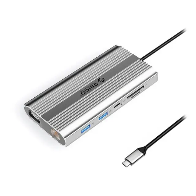 Orico Docking Station XDR 12in1 USB-A USB-C HDMI 4K VGA RJ45 Gigabit PD 100W SD / microSD Card Reader Silver