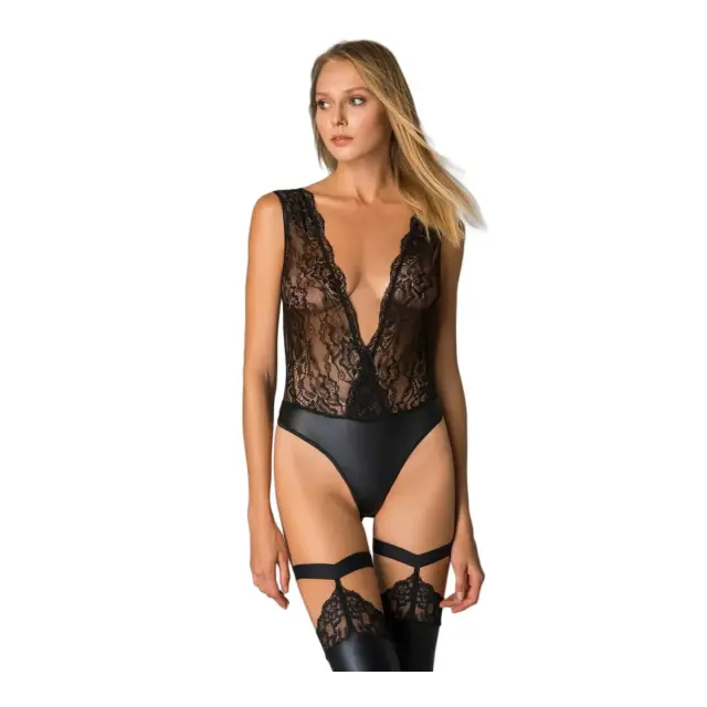 Milena Γυναικείο Κορμάκι String Δαντέλα Δερματίνη, Χρώμα Μαύρο - S