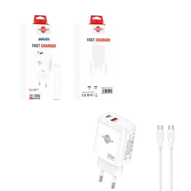 Wisdomup Φορτιστής Κινητού USB-C και USB με Καλώδιο Type-C σε Type-C 20W OCD-31T - Fast Charger with Type-C to Type-C Cable 121229