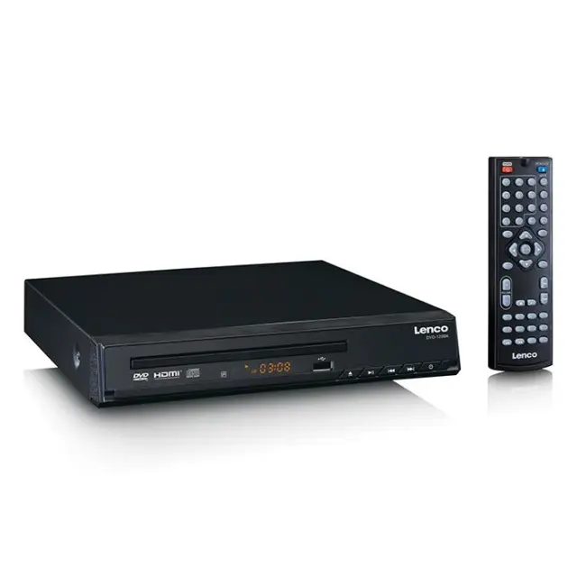 DVD player με υποδοχή HDMI και τηλεχειριστήριο, σε μαύρο χρώμα.
