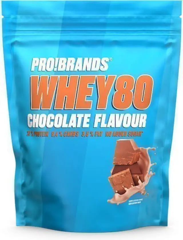 Pro!Brands Whey80 Chocolate Υδατοδιαλυτό Ρόφημα περιεκτικότητας 80% Πρωτεΐνης Ορού Γάλακτος Σε Σκόνη Με Γεύση Σοκολάτα 500gr