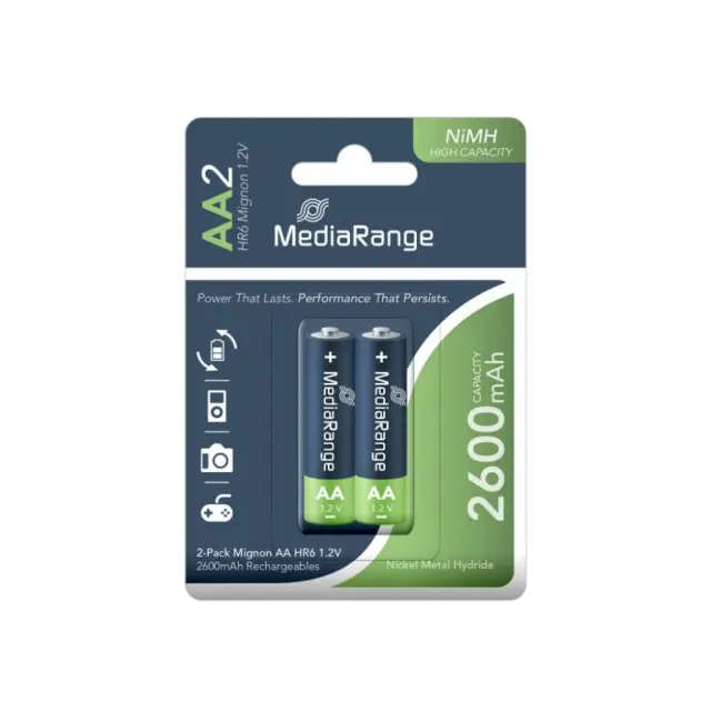 MediaRange High Capacity Rechargeable NiMH Accus Mignon AA|HR6|1.2V Pack 2 (MRBAT123)