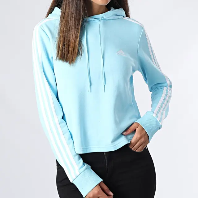 Adidas Essentials 3-Stripes Cropped Γυναικείο Φούτερ με Κουκούλα HL2168 Γαλάζιο - S