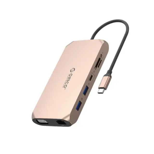 Orico Docking Station XCR 12in1 USB-C 2x USB-A 3.1 1x USB-A 2.0 1x USB-C PD 100W 1x USB-C 3.1 2x HDMI 2.0 4K60Hz 1x VGA 1080p 1x SD 3.0 1x microSD 3.0 1x RJ45 Gigabit Ethernet 1x Audio CTIA 3.5mm Rose Gold