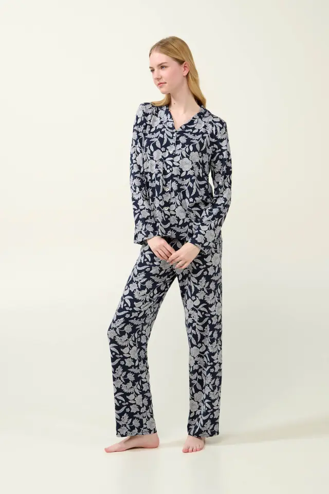Vamp Γυναικεία Πιτζάμα Σεμιζιέ Micromodal Floral Blue Blazer 2