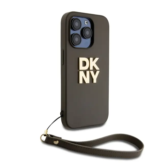 DKNY PU Leather Stack Logo Wrist Strap Case for iPhone 14 Pro Brown 2