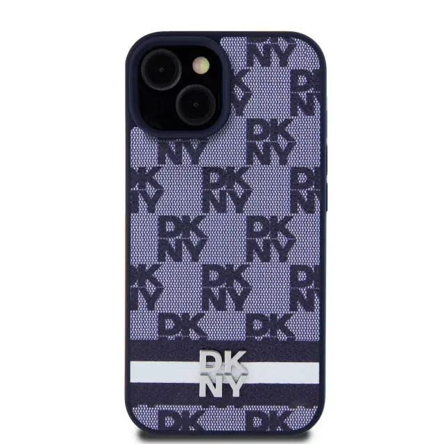 DKNY PU Leather Checkered Pattern and Stripe Case for iPhone 15 Blue 2