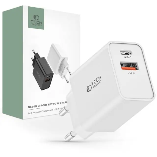Tech-Protect® Φορτιστής με Θύρα USB-A και Θύρα USB-C Power Delivery / Quick Charge 3.0 - White