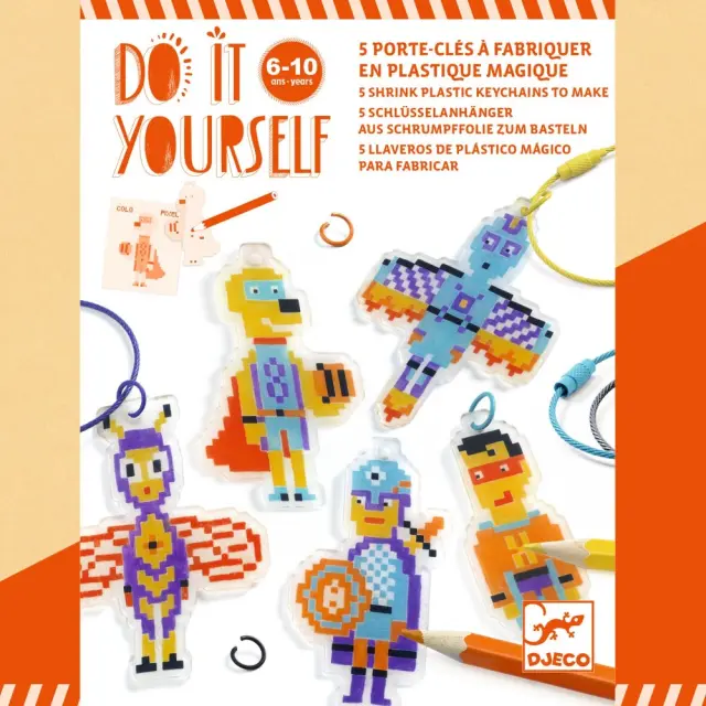 Djeco DIY φτιάχνω τα δικά μου μπρελόκ με συρρικνούμενο πλαστικό "Σούπερ Ήρωες" (6-10 ετών) 79005