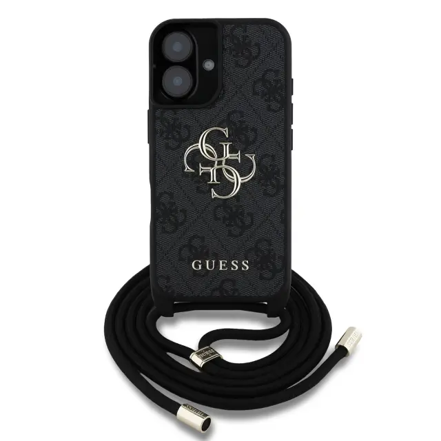 Guess PU 4G Metal Logo Crossbody Strap Case for iPhone 16 Black 2