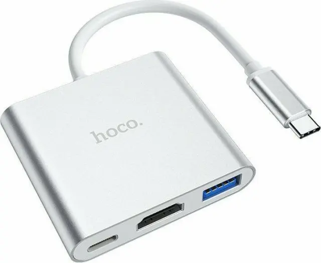 Hub Hoco HB14 Easy use USB-C με 3 Θύρες USB 3.0, USB-C PD, HDMI Ασημί 15cm 2