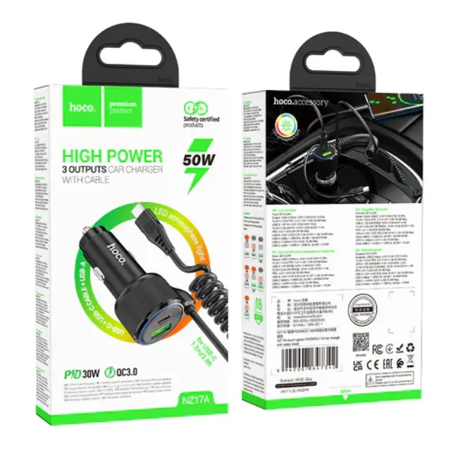 Φορτιστής Αυτοκινήτου Hoco NZ17A Avant-garde 1xUSB-A και 2xUSB-C 50W PD+QC με Καλώδιο Type-C Black 2