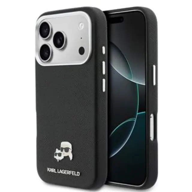 Karl Lagerfeld PU Karl and Choupette Heads Pins MagSafe Case for iPhone 17 Pro Max Black