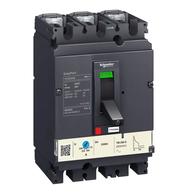 circuit breaker EasyPact CVS160F, 36 kA at 415 VAC, 125 A rating thermal magnetic TM-D trip unit, 3P 3d
