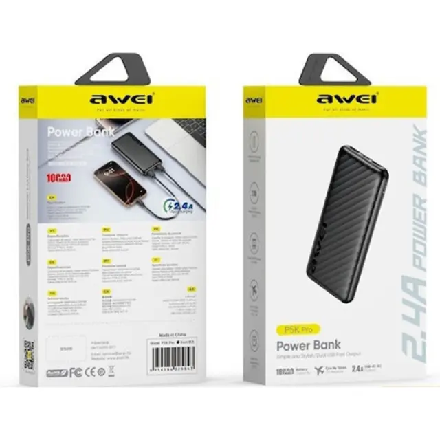 Awei P5K Pro Power Bank 10000mAh με 2 Θύρες USB-A Μαύρο 2