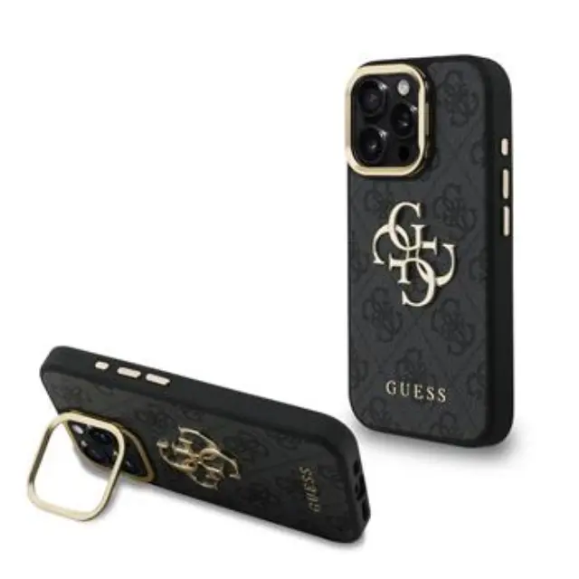 Guess PU 4G Metal Logo Stand Camera Frame Case for iPhone 15 Pro Black