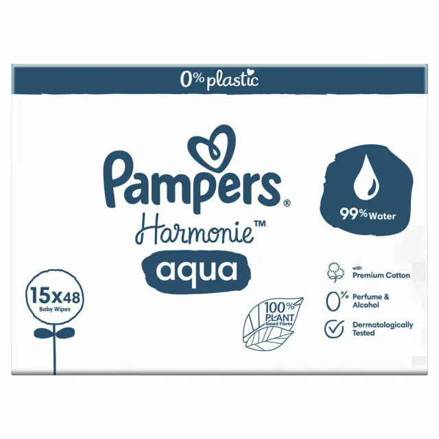 Pampers Harmonie Aqua Μωρομάντηλα με 99% Νερό, χωρίς Οινόπνευμα + Άρωμα 15x48τμχ 2