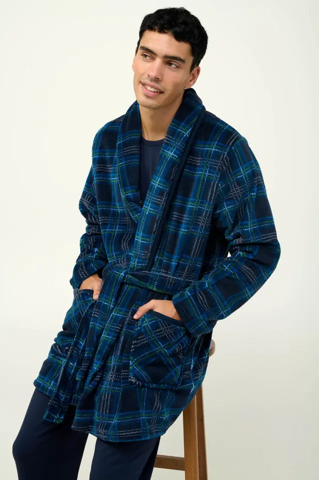 Fleece Καρό Χειμερινή Ανδρική Ρόμπα Vamp 23790 BLUE