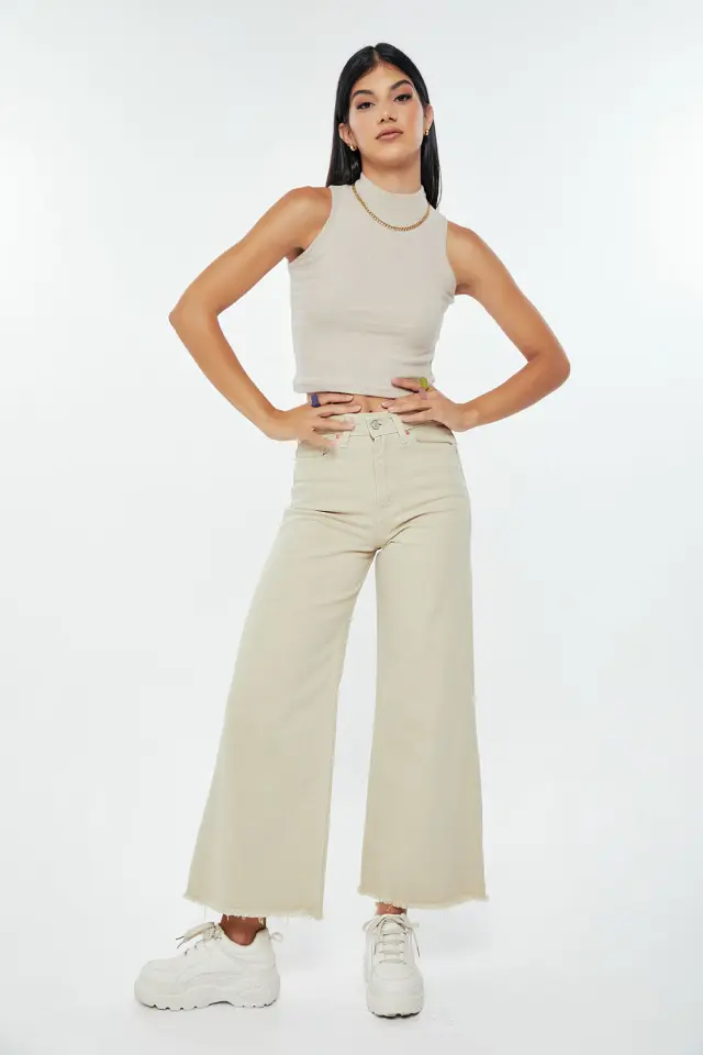 Παντελόνι Jean Wide Leg Ψηλόμεσο Μπεζ