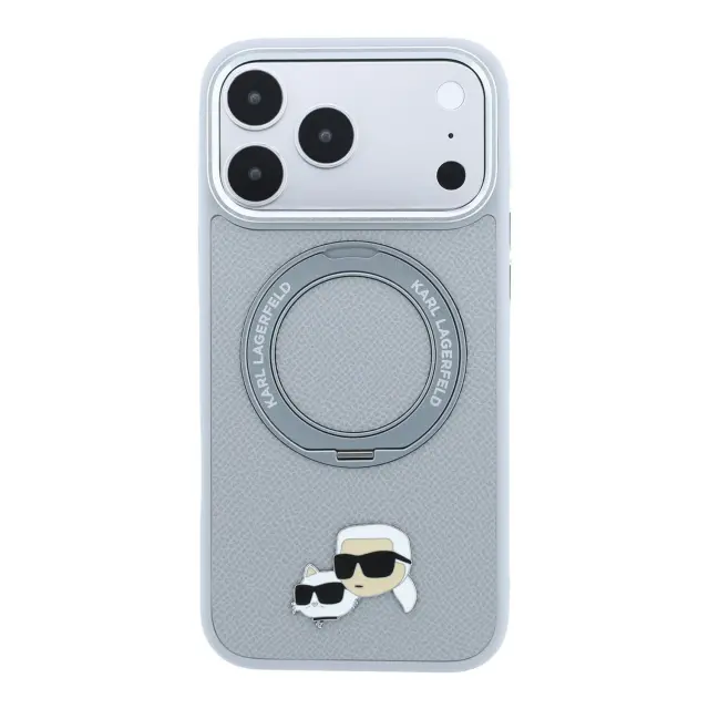 Karl Lagerfeld PU Grained K&CH Heads Ring Stand Magsafe Case for iPhone 18 Pro Max Grey 3