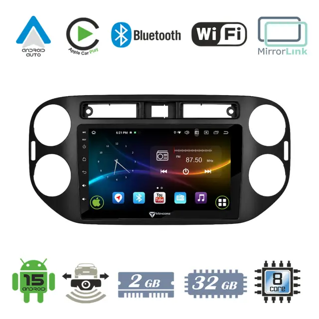 VenCore Οθόνη Multimedia Android 15 9" 9109A MTK6762 Octa-Core 2GB/32GB IPS με Πρόσοψη, CarPlay, Android Auto και Υποστήριξη Κάμερας Οπισθοπορείας AHD για VW Tiguan 2008-2016 – Μαύρη (3236-10007-0639B)