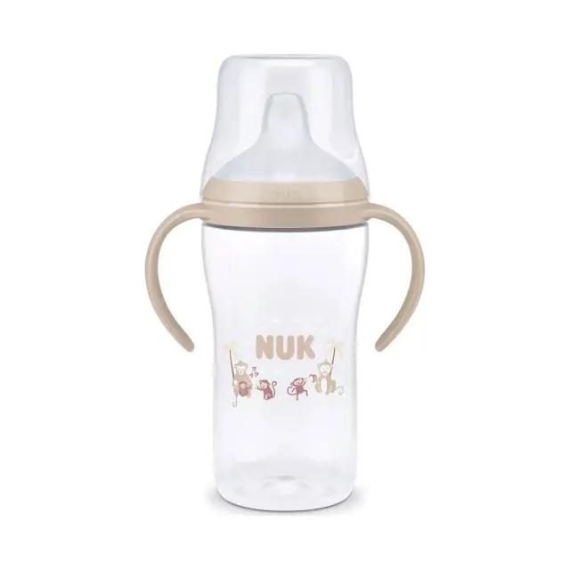 NUK Perfect Match Εκπαιδευτικό Μπιμπερό με Στόμιο Σιλικόνης και 2 Λαβές 6+ Μηνών, Μπεζ Μαϊμουδάκια, 260ml