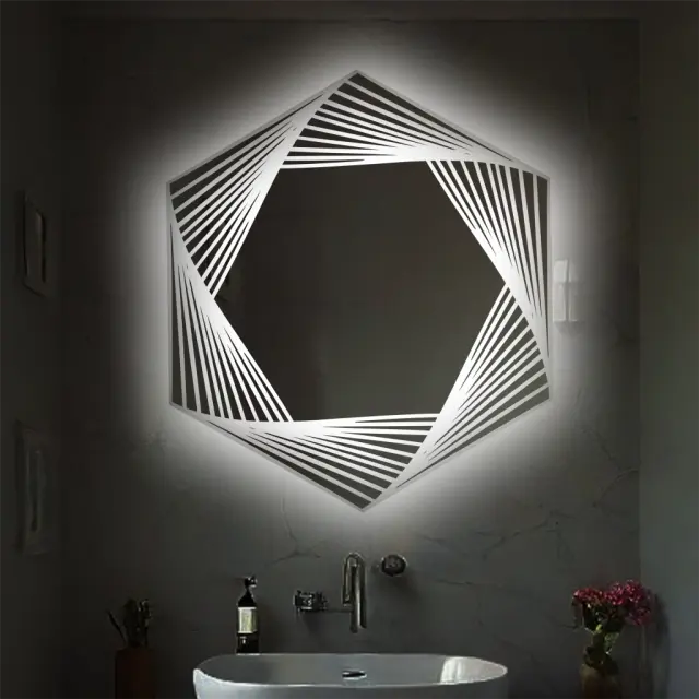 Stewehome Εξαγωνικός Καθρέπτης Μπάνιου με LED & Σχέδιο Λέιζερ 70x80x80 cm 2