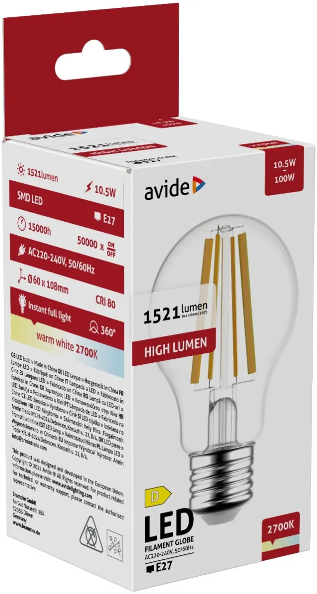 Avide LED Filament Κοινή 10.5W E27 A65 360° Θερμό 2700K Υψηλής Φωτεινότητας 15.001.1009