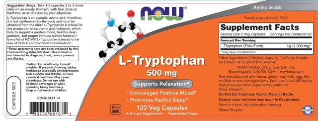 Now Foods L-Tryptophan 500 mg 120 Veg Capsules 2