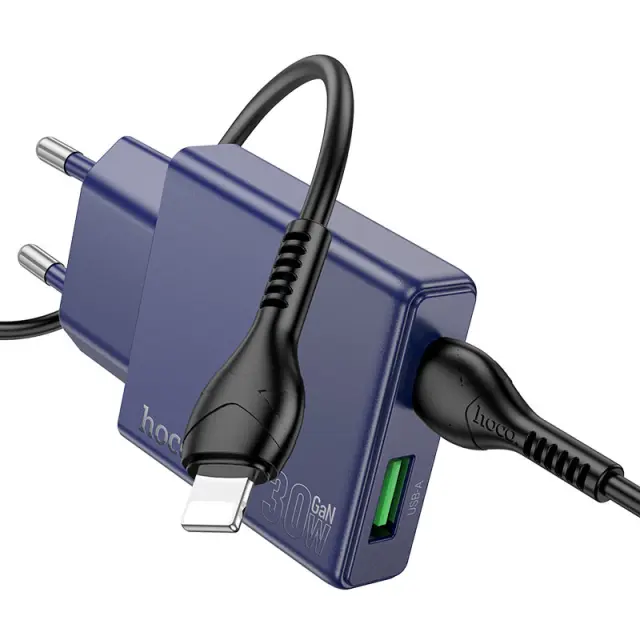 Hoco Φορτιστής με Θύρες USB-C, USB-A και Καλώδιο Lightning 30W Μπλε N45